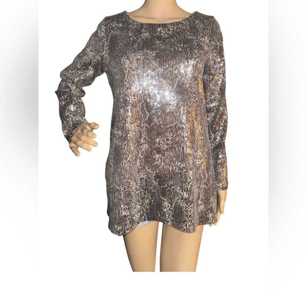 Chico's Sequined Snake-Print Long-Sleeve two Layers Silver Brown Embellishment
